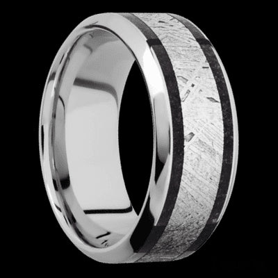 9 mm wide/High Bevel/Cobalt Chrome band featuring inlays of Dinosaur Bone Black and Meteorite.