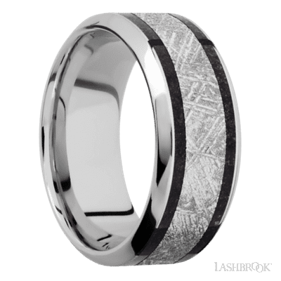 9 mm wide/High Bevel/Cobalt Chrome band featuring inlays of Dinosaur Bone Black and Meteorite.