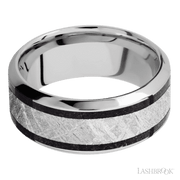 9 mm wide/High Bevel/Cobalt Chrome band featuring inlays of Dinosaur Bone Black and Meteorite.