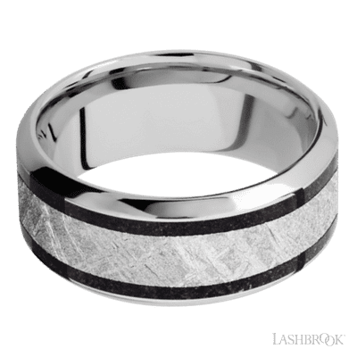 9 mm wide/High Bevel/Cobalt Chrome band featuring inlays of Dinosaur Bone Black and Meteorite.
