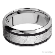 9 mm wide/High Bevel/Cobalt Chrome band featuring inlays of Dinosaur Bone Black and Meteorite.