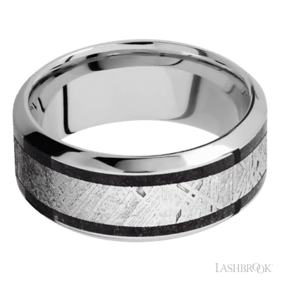 9 mm wide/High Bevel/Cobalt Chrome band featuring inlays of Dinosaur Bone Black and Meteorite.