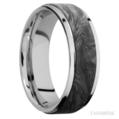7 mm wide/Flat Grooved Edges/Cobalt Chrome band with one 5 mm Raised Centered inlay of Forged Carbon Fiber.