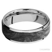 7 mm wide/Flat Grooved Edges/Cobalt Chrome band with one 5 mm Raised Centered inlay of Forged Carbon Fiber.