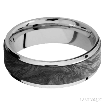 7 mm wide/Flat Grooved Edges/Cobalt Chrome band with one 5 mm Raised Centered inlay of Forged Carbon Fiber.