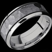 8 mm wide/Beveled/Cobalt Chrome band with one 5 mm Centered inlay of Tantalum.