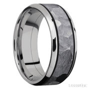 8 mm wide/Beveled/Cobalt Chrome band with one 5 mm Centered inlay of Tantalum.