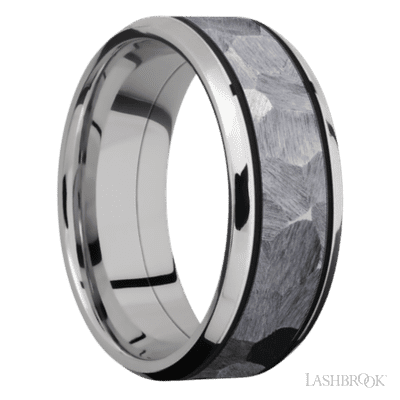 8 mm wide/Beveled/Cobalt Chrome band with one 5 mm Centered inlay of Tantalum.