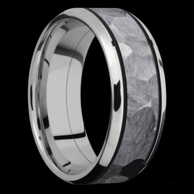 8 mm wide/Beveled/Cobalt Chrome band with one 5 mm Centered inlay of Tantalum.