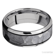 8 mm wide/Beveled/Cobalt Chrome band with one 5 mm Centered inlay of Tantalum.