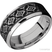 8 mm wide/Beveled/Cobalt Chrome band with one 6 mm Centered inlay of Tantalum with a laser carved Aztec 2 pattern.