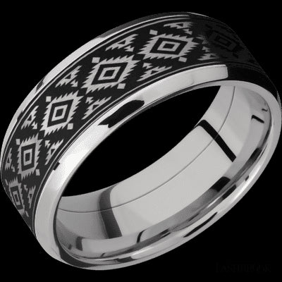 8 mm wide/Beveled/Cobalt Chrome band with one 6 mm Centered inlay of Tantalum with a laser carved Aztec 2 pattern.