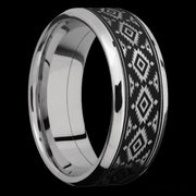 8 mm wide/Beveled/Cobalt Chrome band with one 6 mm Centered inlay of Tantalum with a laser carved Aztec 2 pattern.