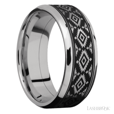 8 mm wide/Beveled/Cobalt Chrome band with one 6 mm Centered inlay of Tantalum with a laser carved Aztec 2 pattern.