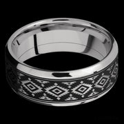 8 mm wide/Beveled/Cobalt Chrome band with one 6 mm Centered inlay of Tantalum with a laser carved Aztec 2 pattern.