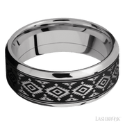 8 mm wide/Beveled/Cobalt Chrome band with one 6 mm Centered inlay of Tantalum with a laser carved Aztec 2 pattern.