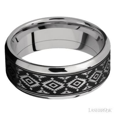 8 mm wide/Beveled/Cobalt Chrome band with one 6 mm Centered inlay of Tantalum with a laser carved Aztec 2 pattern.