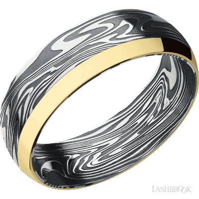 7 mm wide/Domed/Kinetic band with one 2 mm Off Center Edge inlay of 14K Yellow Gold.