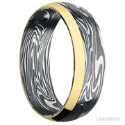 7 mm wide/Domed/Kinetic band with one 2 mm Off Center Edge inlay of 14K Yellow Gold.