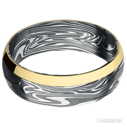 7 mm wide/Domed/Kinetic band with one 2 mm Off Center Edge inlay of 14K Yellow Gold.