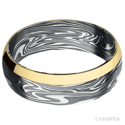 7 mm wide/Domed/Kinetic band with one 2 mm Off Center Edge inlay of 14K Yellow Gold.