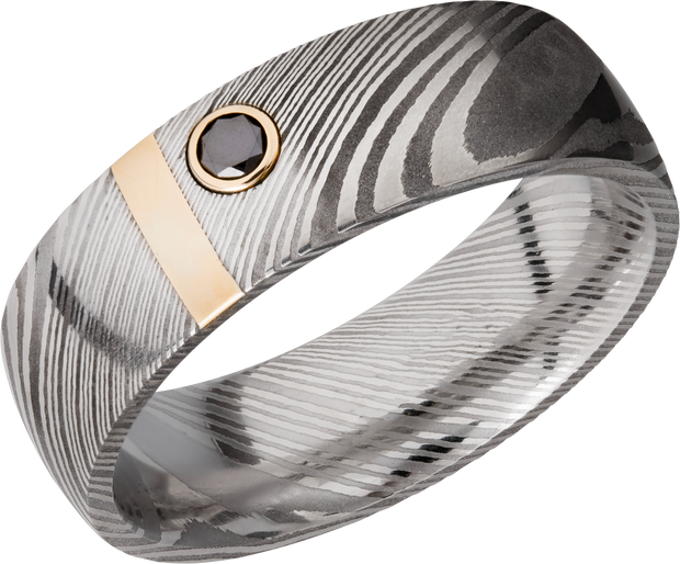 Handmade 7mm zebra Damascus steel band with a vertical inlay of 14K yellow gold and bezel-set black diamond