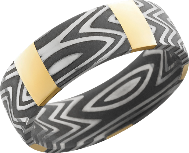 Handmade 7mm zebra Damascus steel band with 5 vertical inlays of 14K yellow gold