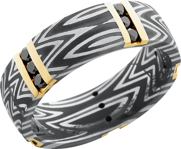 Handmade 7mm zebra Damascus steel band with 5 vertical inlays of 14K yellow gold and 15, .04ct channel-set black diamonds