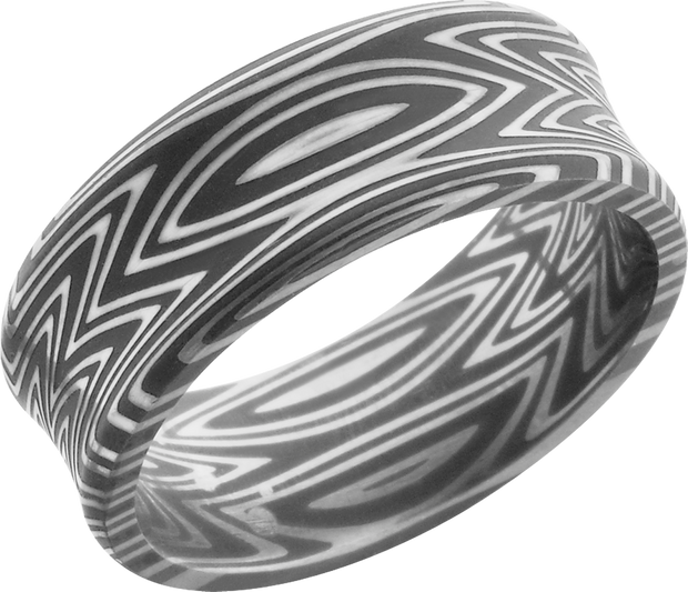Handmade 8mm zebra Damascus Steel band with a concave center and beveled edges