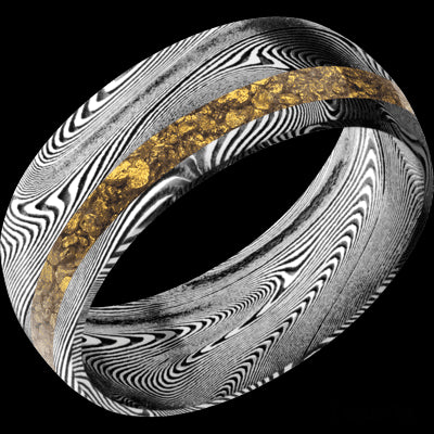 8 mm wide/Domed/Tightweave band with one 2 mm Off Center inlay of Alaskan Gold Nugget.