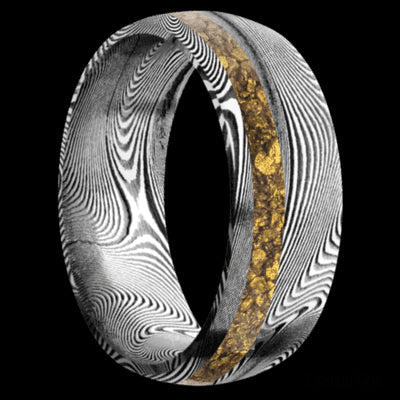 8 mm wide/Domed/Tightweave band with one 2 mm Off Center inlay of Alaskan Gold Nugget.