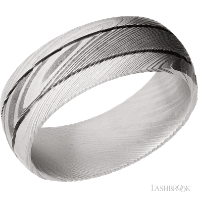 8 mm wide Domed with two accent grooves Damascus band.