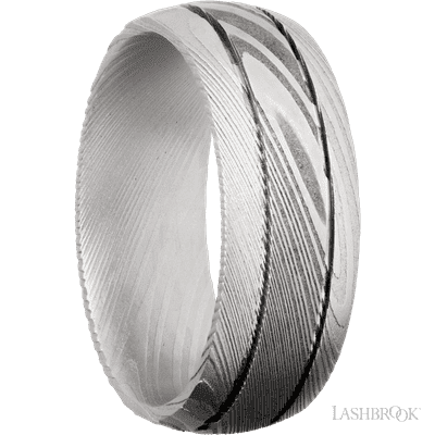 8 mm wide Domed with two accent grooves Damascus band.