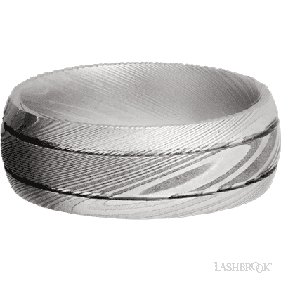 8 mm wide Domed with two accent grooves Damascus band.