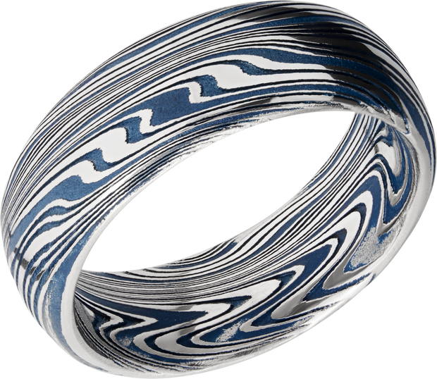 Marble Damascus steel 8mm domed band with Ridgeway Blue Cerakote in the recessed pattern