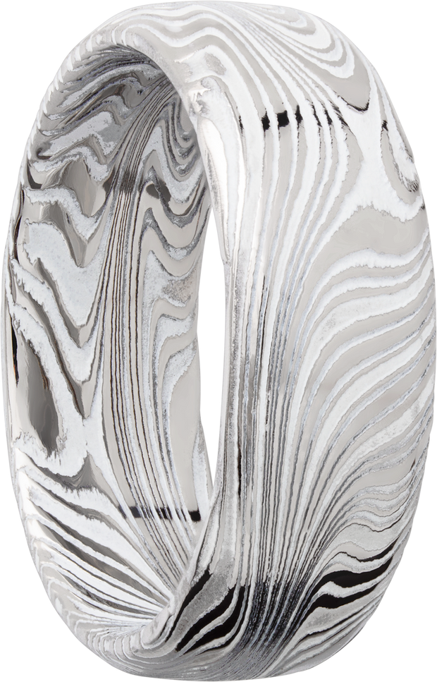 Marble Damascus steel 8mm domed band with White Cerakote in the recessed pattern