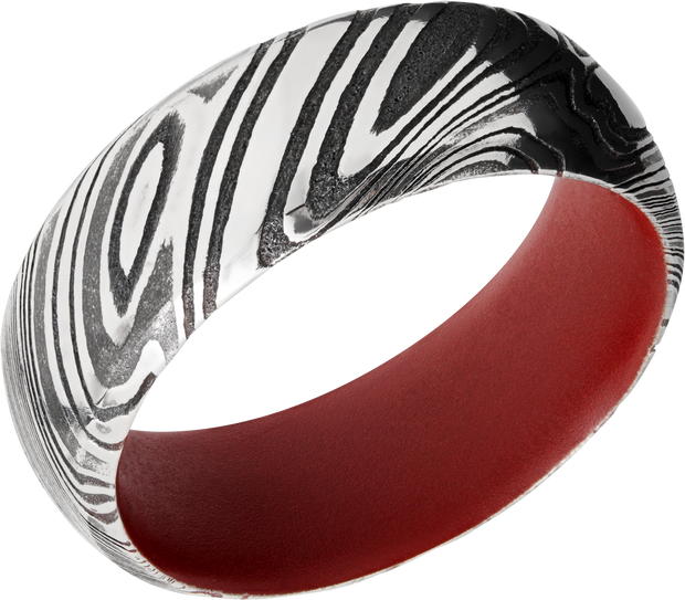 Woodgrain Damascus steel 8mm domed band with beveled edges a red Cerakote sleeve