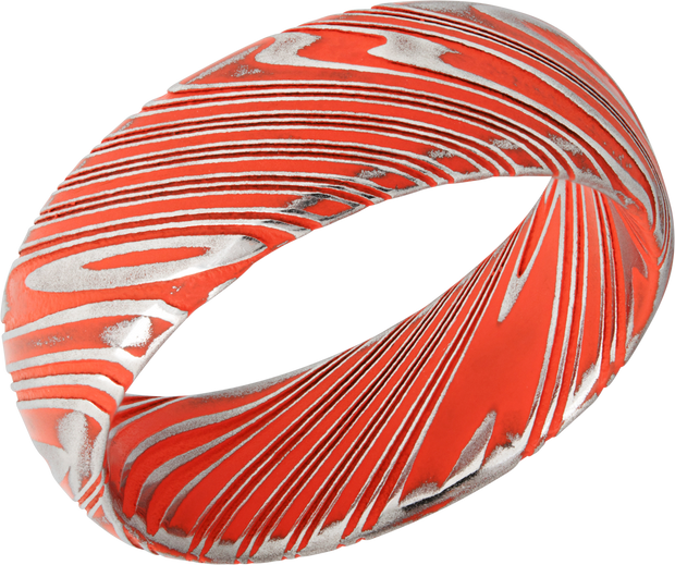 Woodgrain Damascus steel 8mm domed band beveled edges and Hunter Orange Cerakote in the recessed pattern