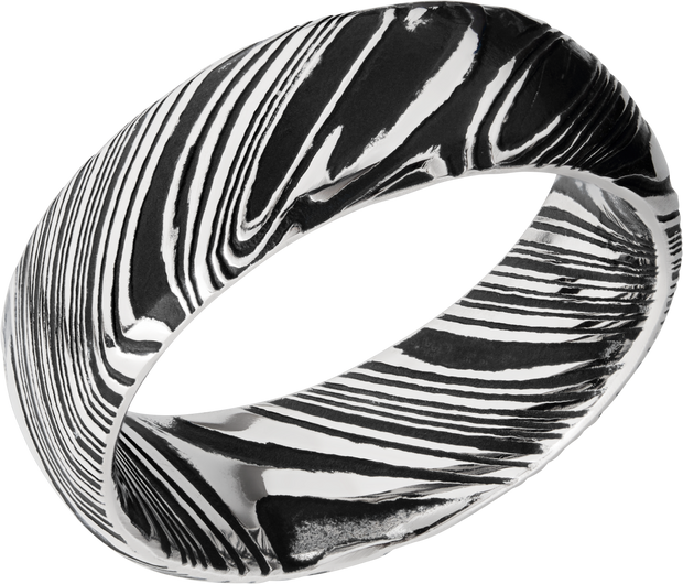 Woodgrain Damascus steel 8mm domed band beveled edges and Black Cerakote in the recessed pattern