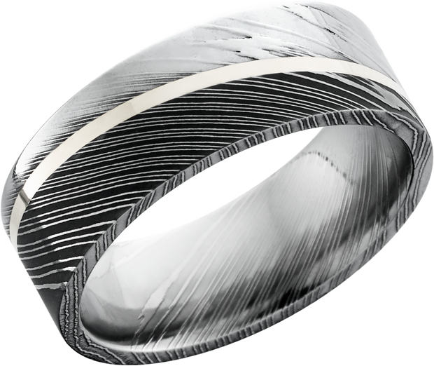 Handmade 8mm Damascus steel band with an angled inlay of sterling silver