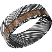 Damascus steel 8mm flat band with 1, 3mm off-centered inlay of Walnut hardwood