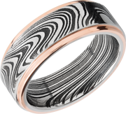 Handmade 8mm marble Damascus steel flat band with 14K rose gold grooved edges