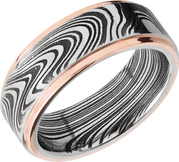 Handmade 8mm marble Damascus steel flat band with 14K rose gold grooved edges