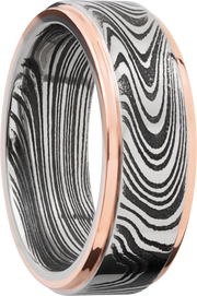 Handmade 8mm marble Damascus steel flat band with 14K rose gold grooved edges