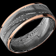 8 mm wide/Flat Grooved Edges/Tightweave band with two 1 mm Edge inlays of 14K Rose Gold.