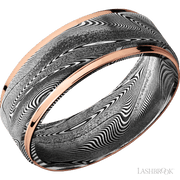 8 mm wide/Flat Grooved Edges/Tightweave band with two 1 mm Edge inlays of 14K Rose Gold.