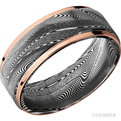 8 mm wide/Flat Grooved Edges/Tightweave band with two 1 mm Edge inlays of 14K Rose Gold.
