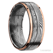 8 mm wide/Flat Grooved Edges/Tightweave band with two 1 mm Edge inlays of 14K Rose Gold.