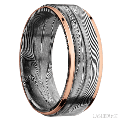 8 mm wide/Flat Grooved Edges/Tightweave band with two 1 mm Edge inlays of 14K Rose Gold.