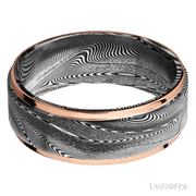 8 mm wide/Flat Grooved Edges/Tightweave band with two 1 mm Edge inlays of 14K Rose Gold.